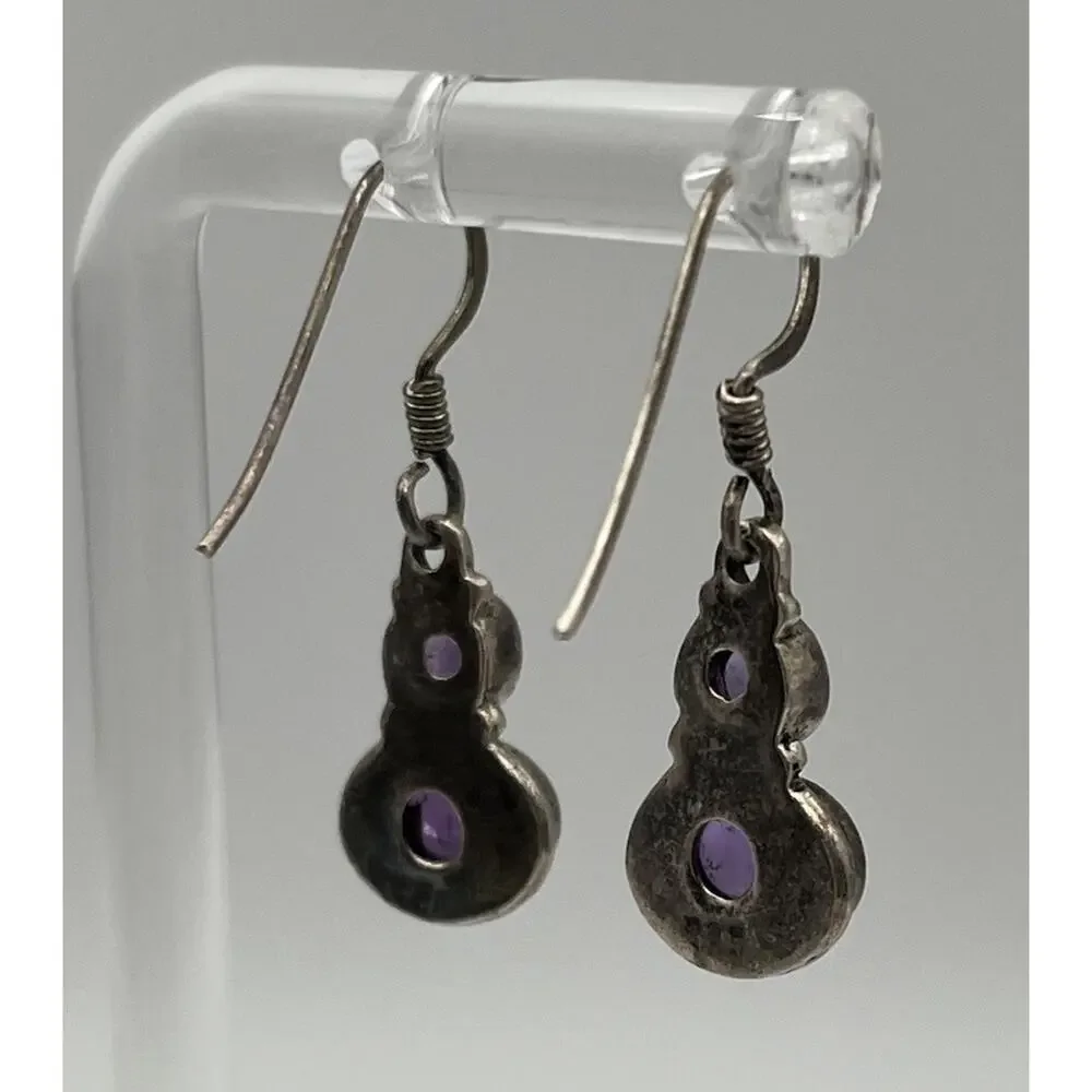 GORGEOUS VINTAGE 925 Sterling Silver 2-stone Amethyst Cabochon Dangle Earrings